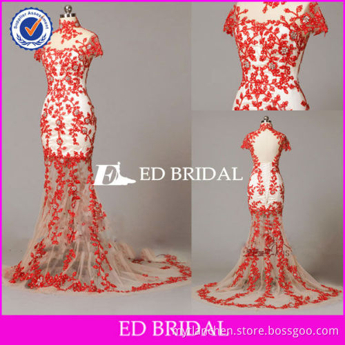 rsw0157 Red Cap Sleeves Lace Appliqued See Through Dresses Evening